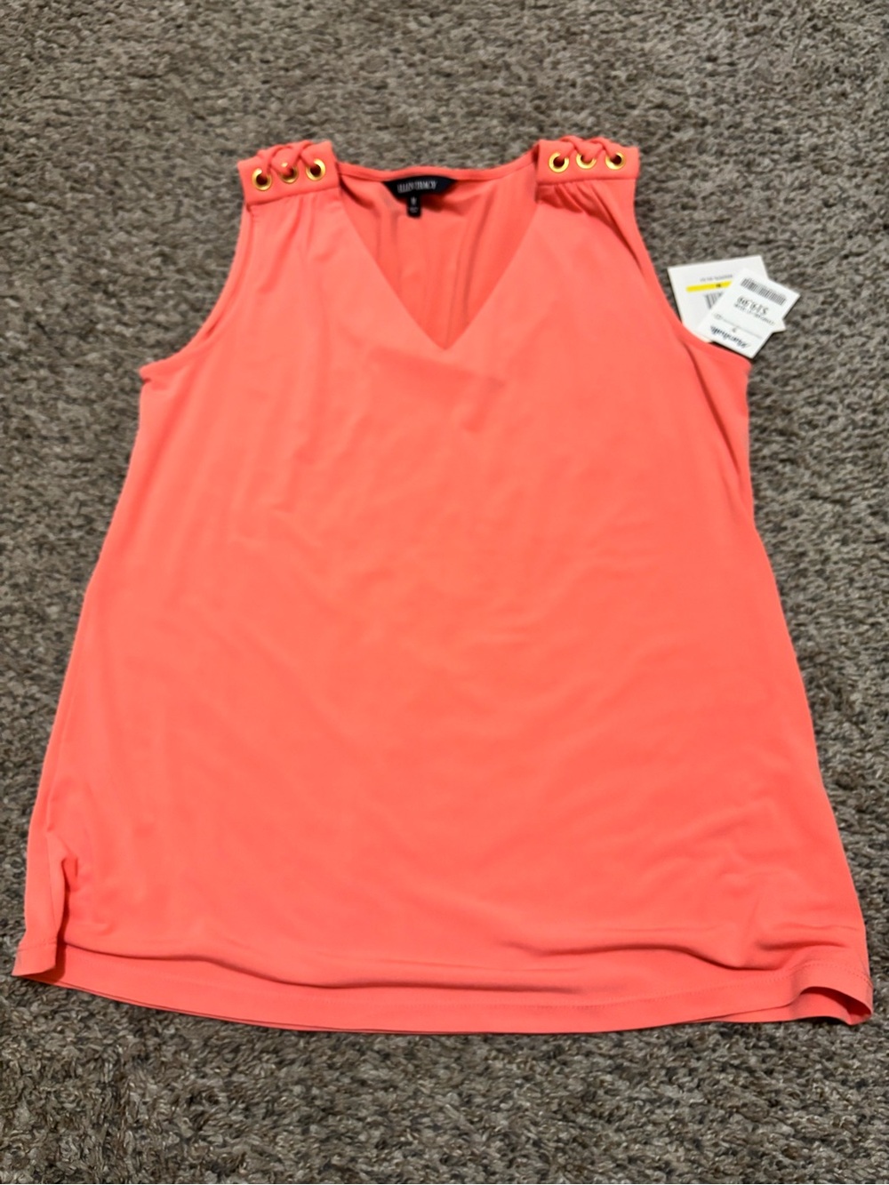 Ellen Tracy Coral Sleeveless V-Neck Tank with Gold Grommet Shoulders
